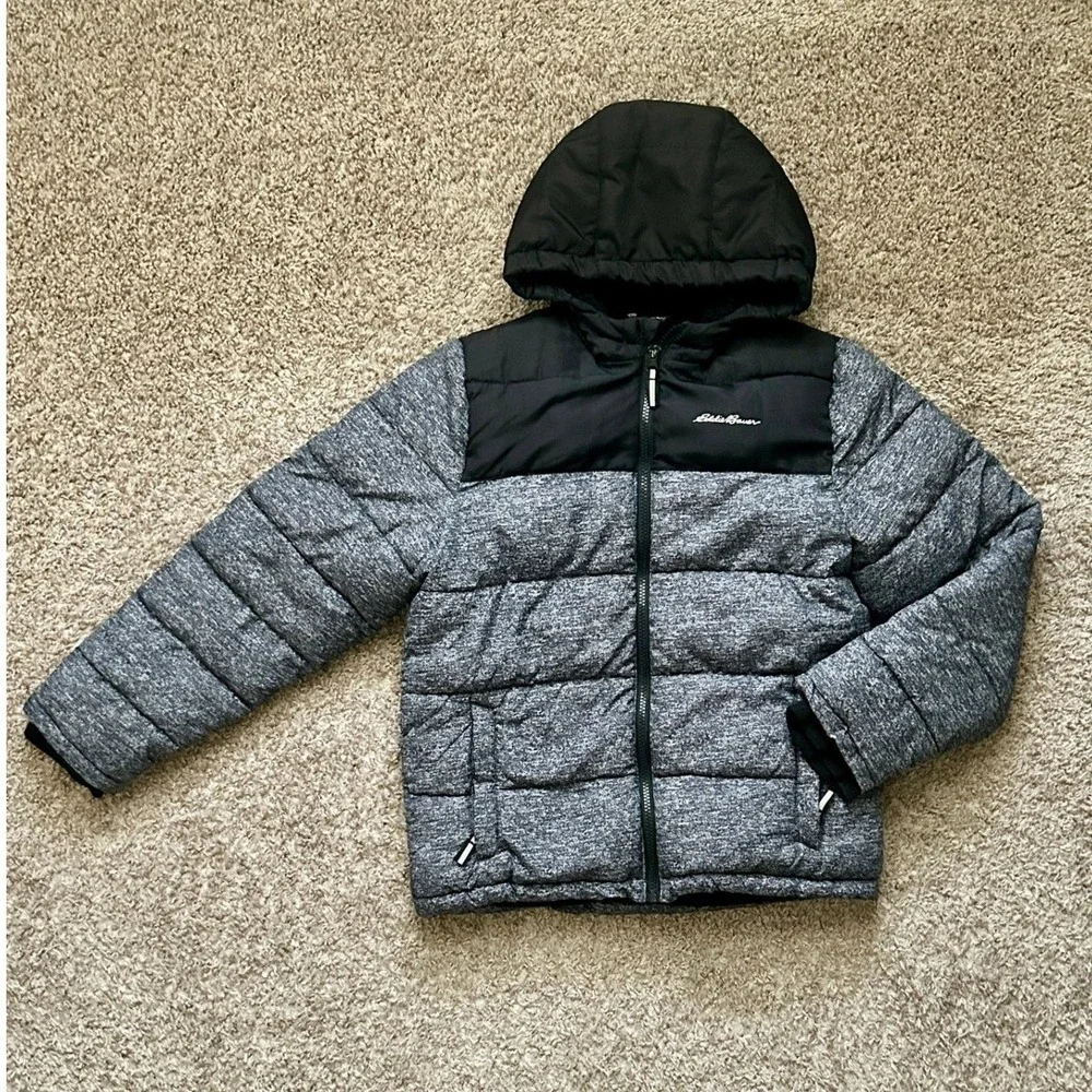 Eddie Bauer I Kids‎ Puffer Winter Hooded Jacket I Quilted Gray Black I Size M